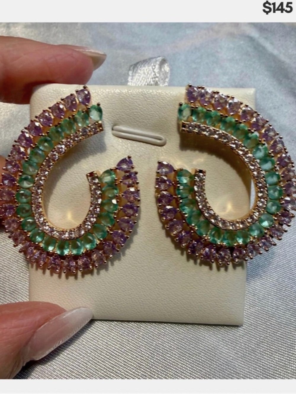 Gold-Tone Hoop Earrings with Purple and Green Crystals